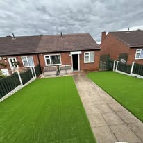 After 4 Bungalow with well-maintained garden and pathway, under a cloudy sky.